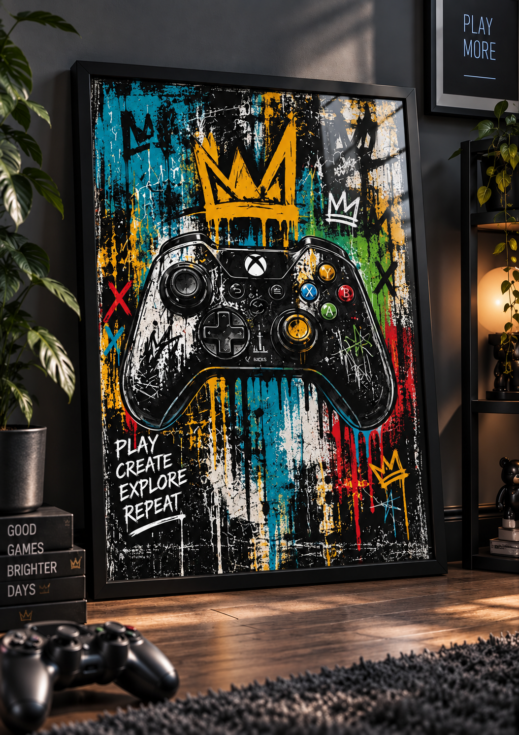 Crowned Controller – Play Create Explore Repeat Print in a black frame – lifestyle mockup