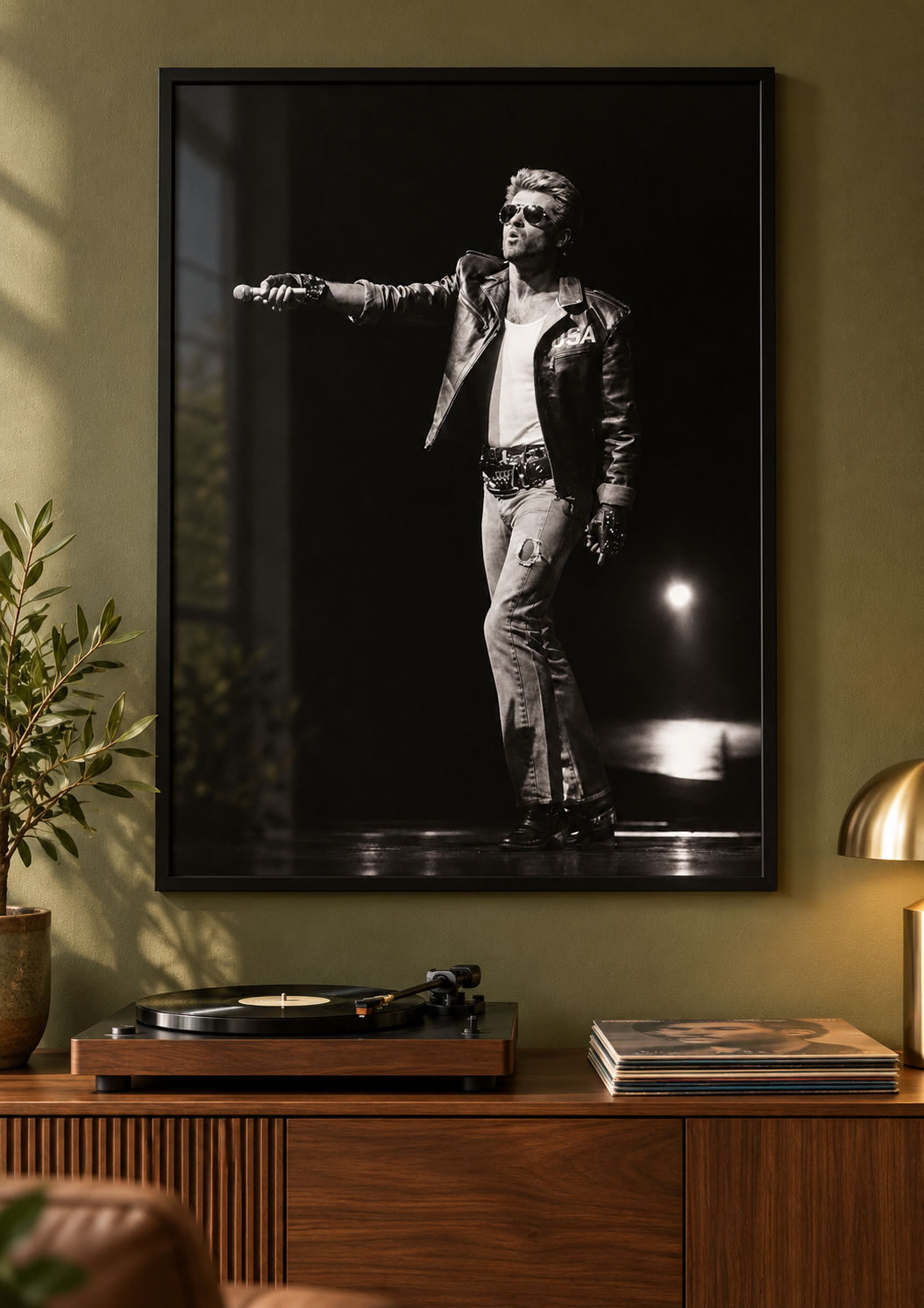 Included George Take the Mic print shown in a black frame; frame not included
