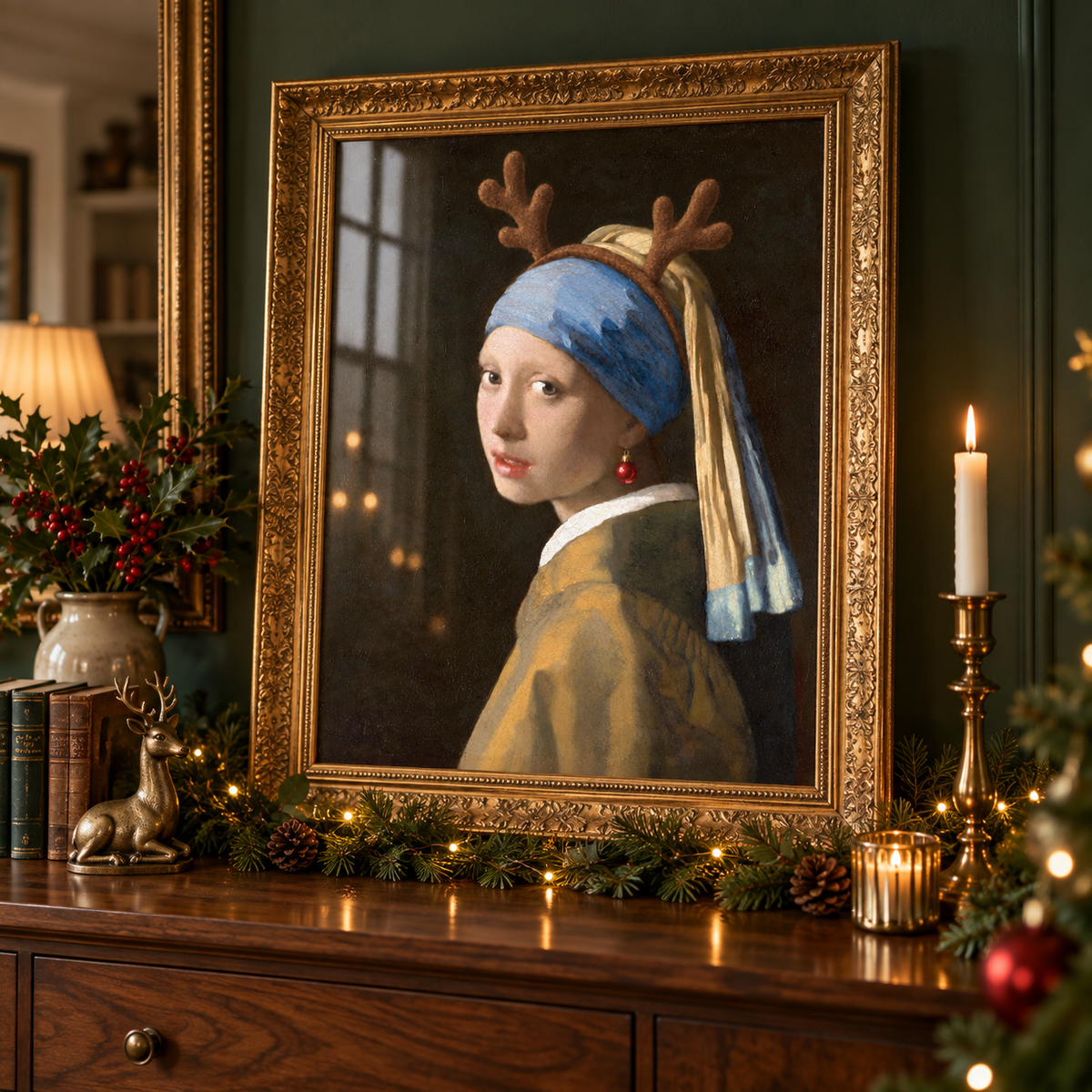 Girl with a Christmas Bauble print in an ornate gold frame