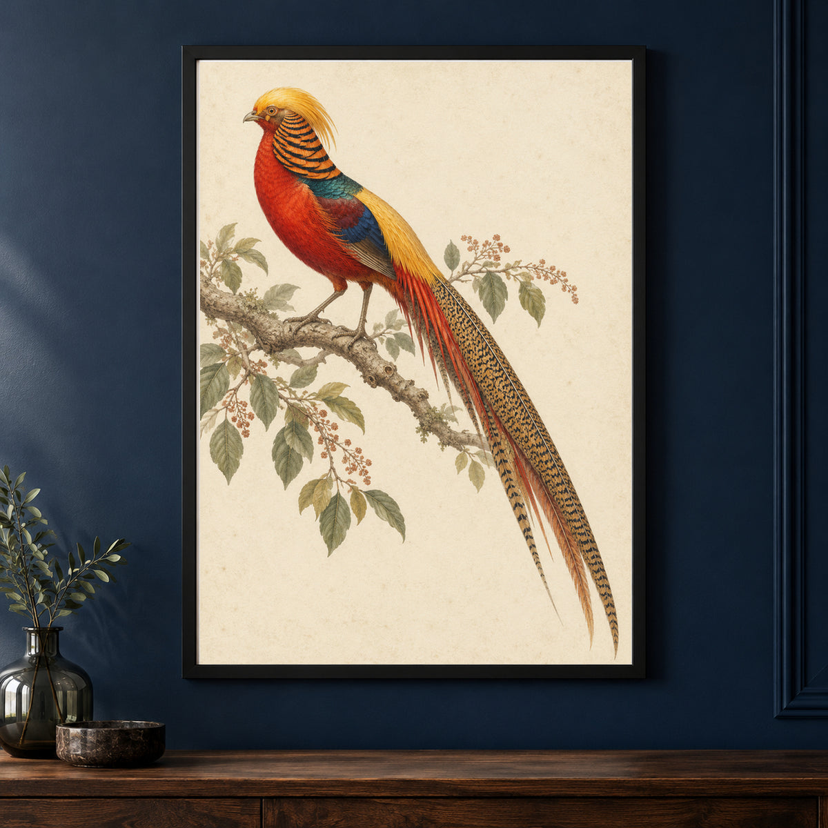 Golden Hour – Vintage Pheasant Bird Print framed on a dark wall