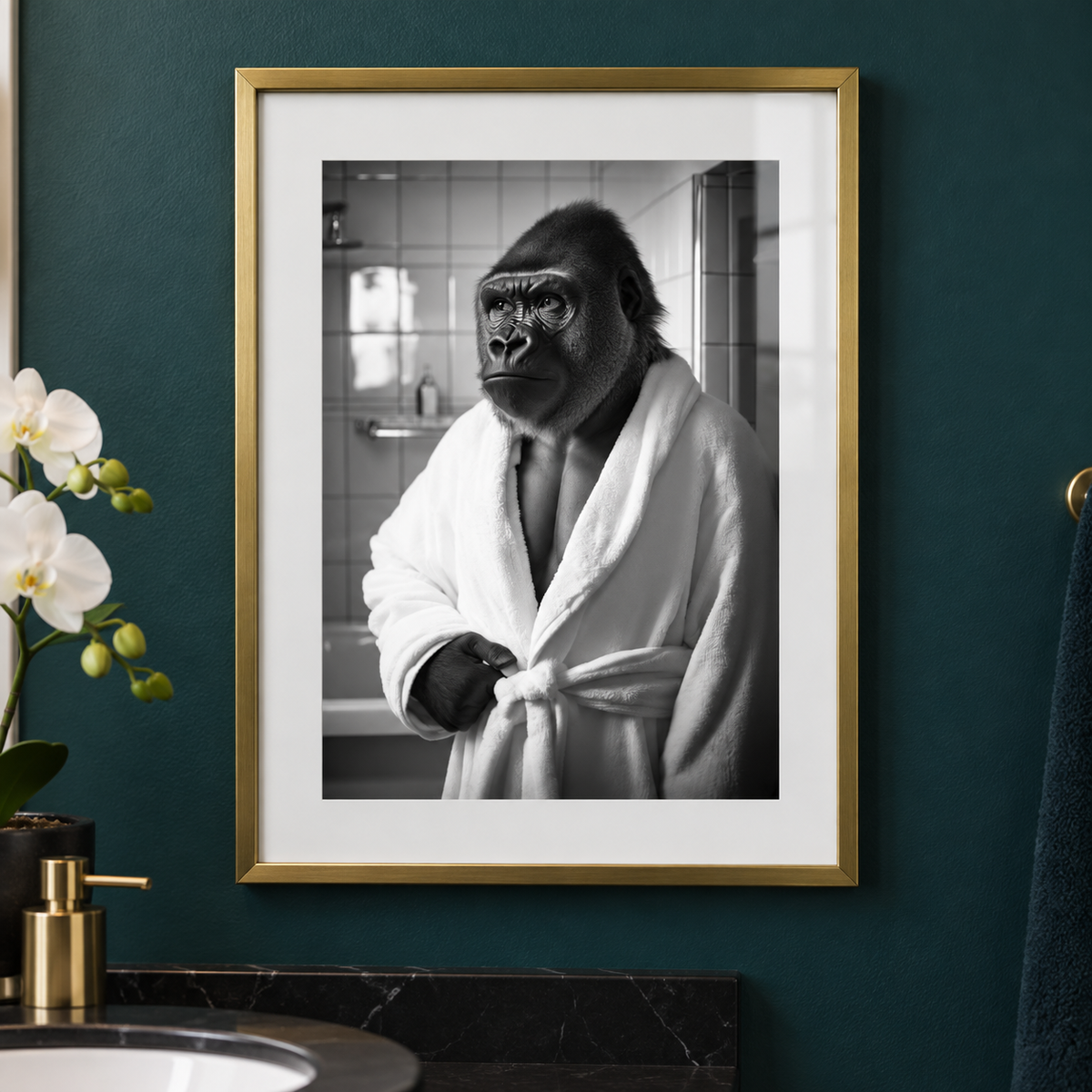 Gorilla Bathrobe bathroom print close-up framed mockup