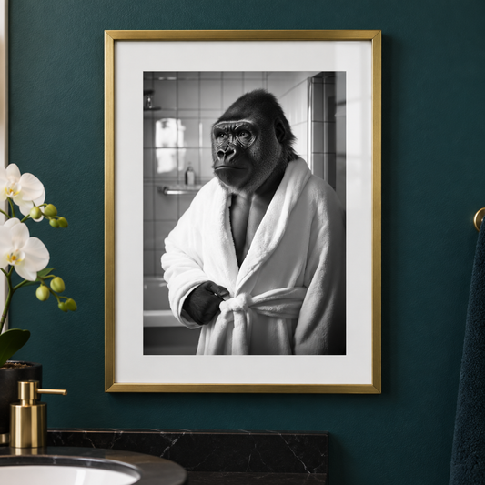Gorilla Bathrobe bathroom print close-up framed mockup