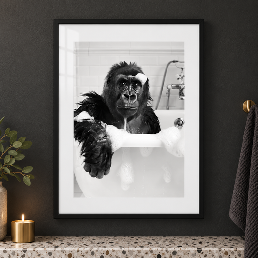 Gorilla Bathtub bathroom print close-up framed mockup