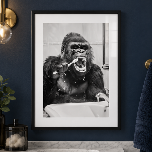 Gorilla Brushing Teeth bathroom print close-up framed mockup
