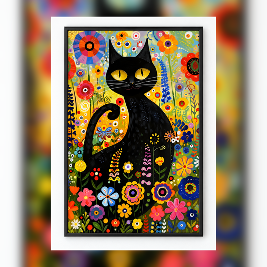 Gustav Klimt Cat II Art Print in black frame, fully visible square-safe mockup