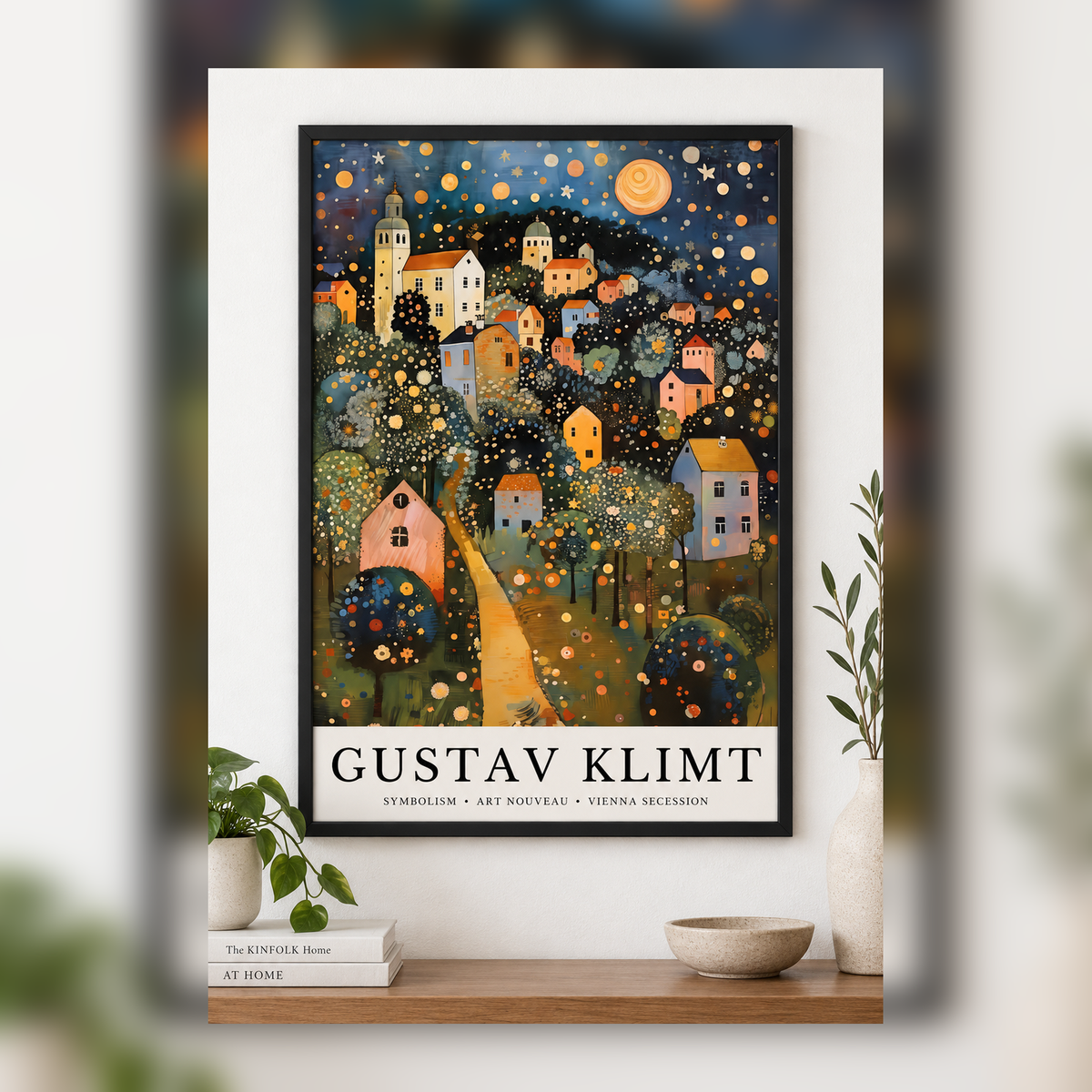Gustav Klimt Village at Night I Art Print in black frame, fully visible square-safe mockup