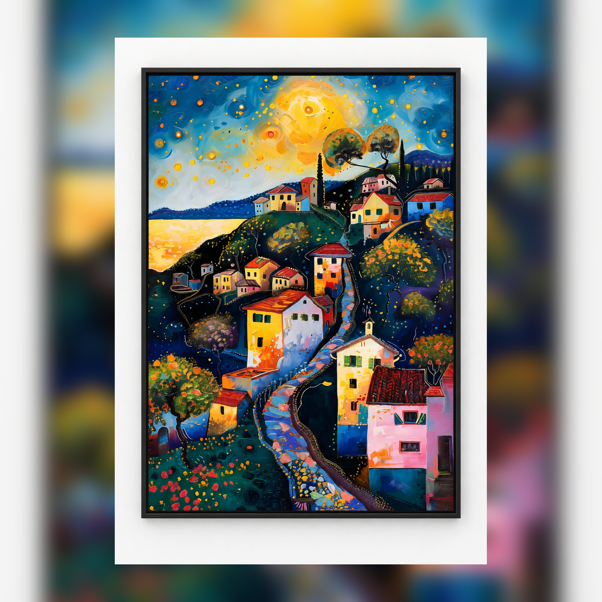 Gustav Klimt Village at Night II Art Print in black frame, fully visible square-safe mockup