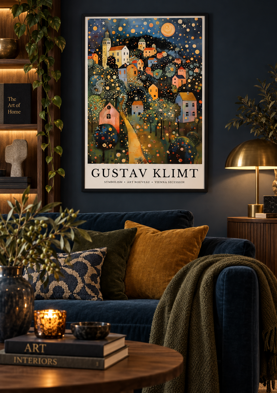 Gustav Klimt Village at Night I print in a dark living room