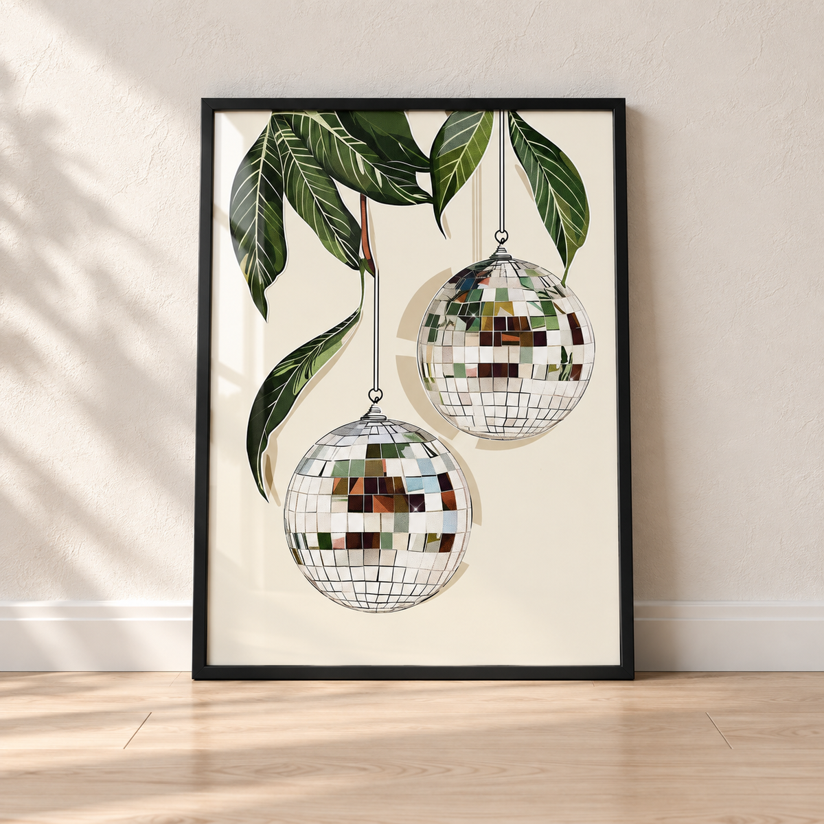 Hanging Disco Balls Botanical print in glossy black leaning frame