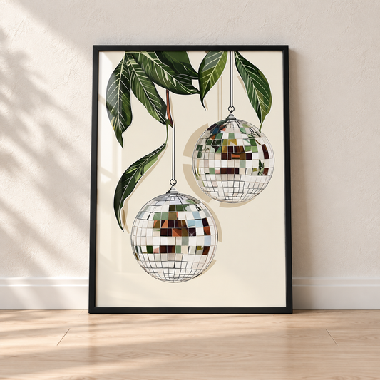 Hanging Disco Balls Botanical print in glossy black leaning frame