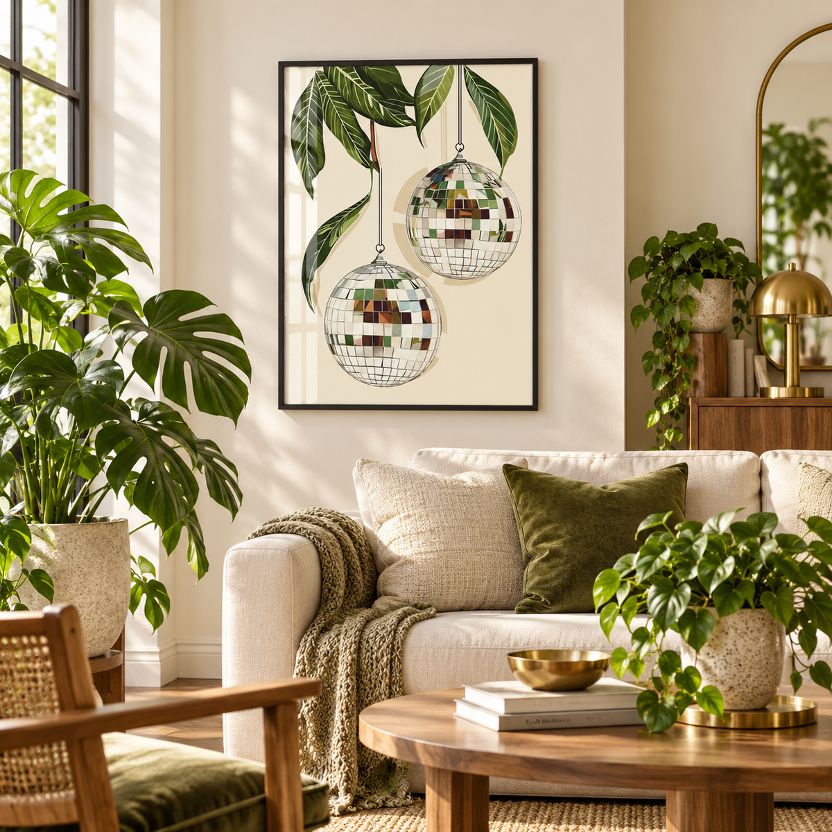 Hanging Disco Balls Botanical print in a leafy living room