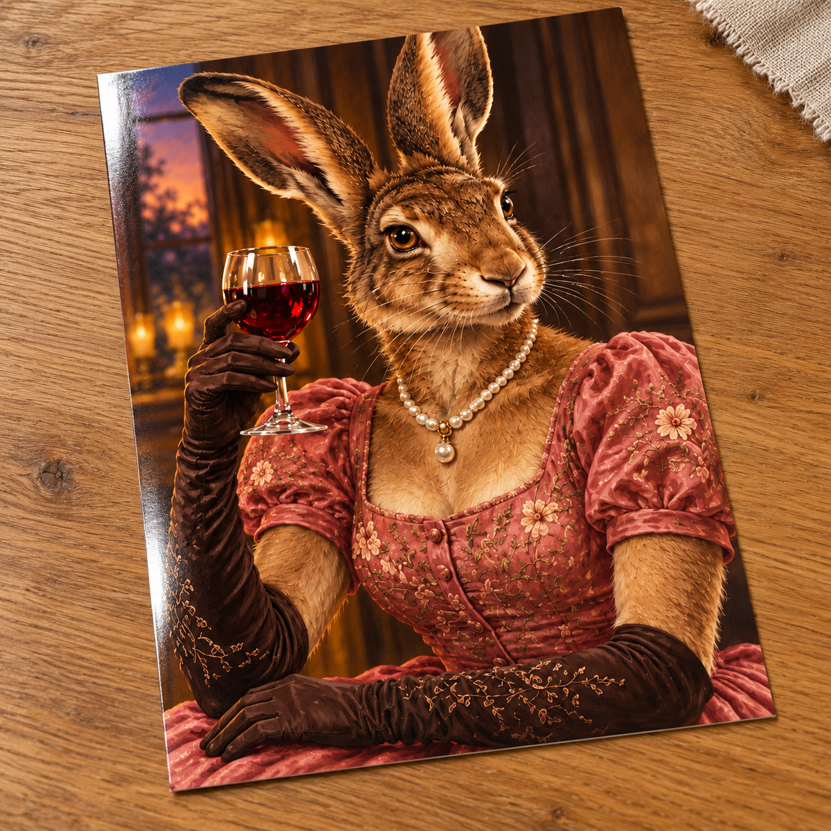 Hare Majesty unframed glossy print on an oak table