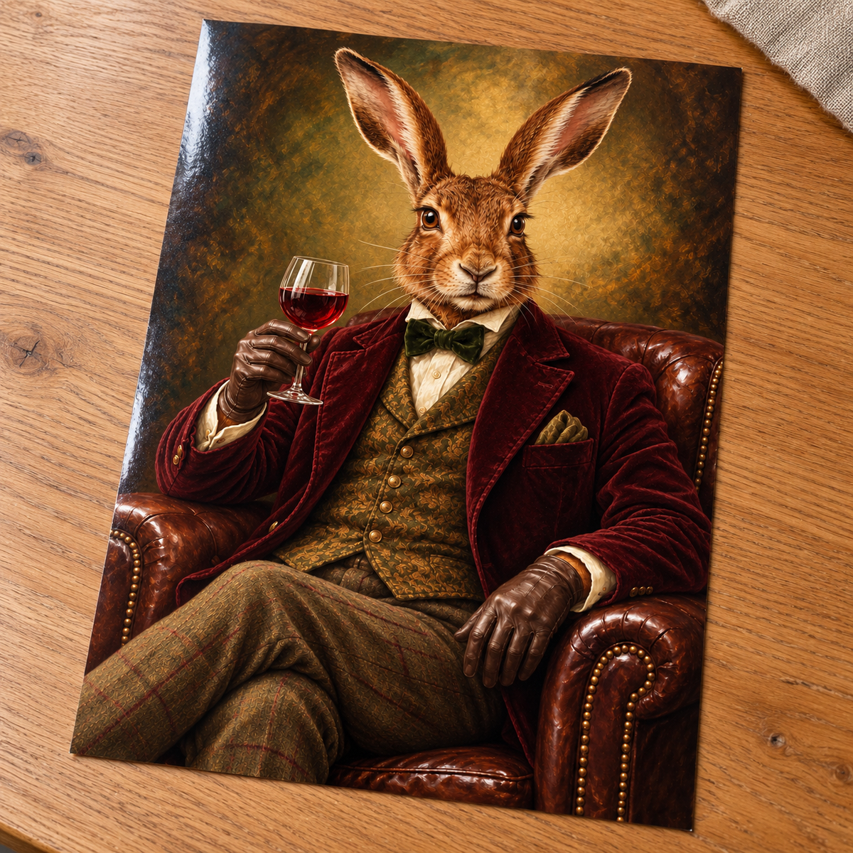 Hare of the Dog unframed glossy print on an oak table