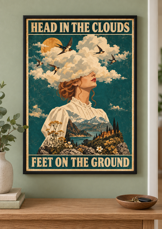 Head in the Clouds Feet on the Ground art print in a black frame in a home