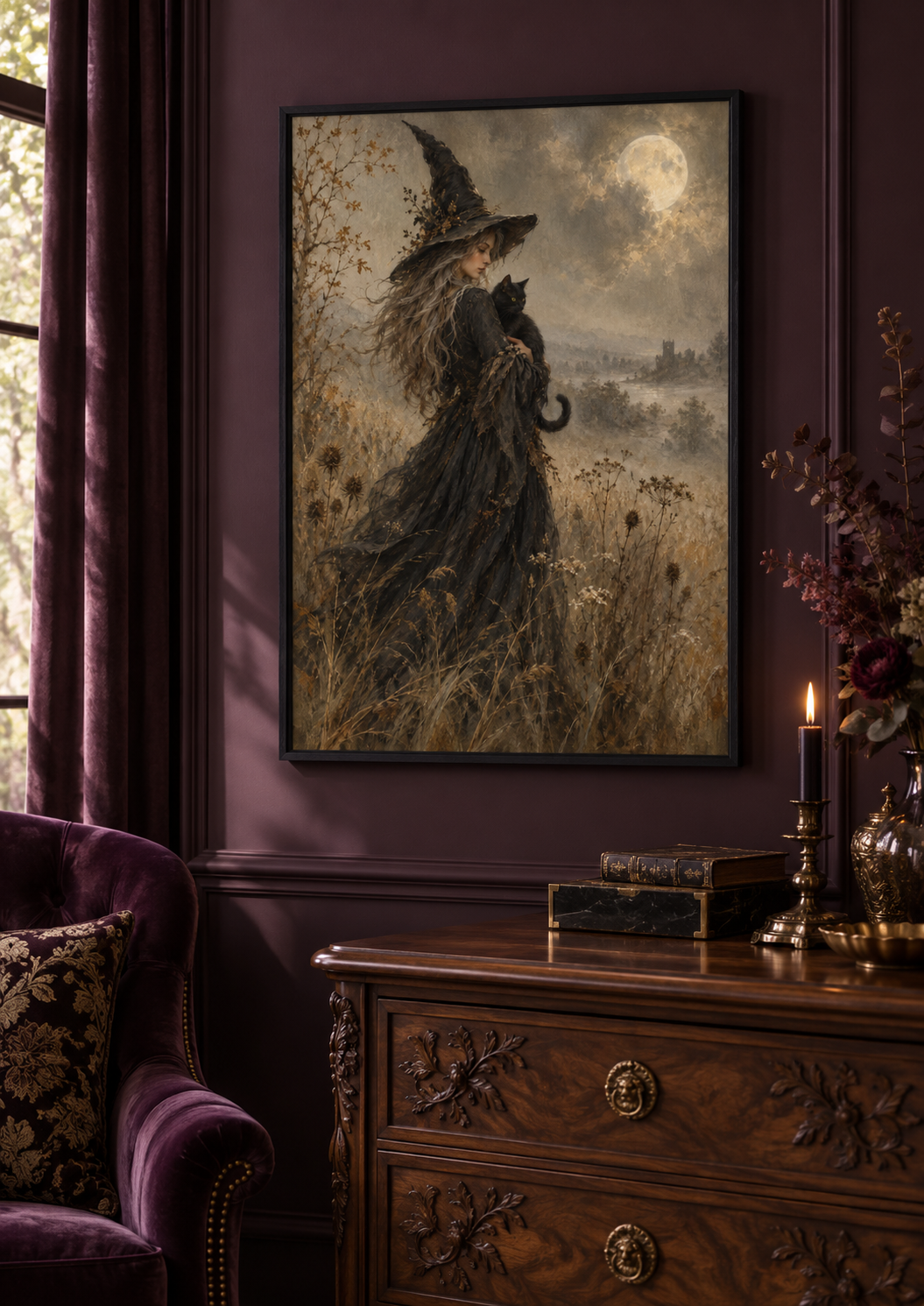 Her Faithful Familiar print framed in a dark gothic home
