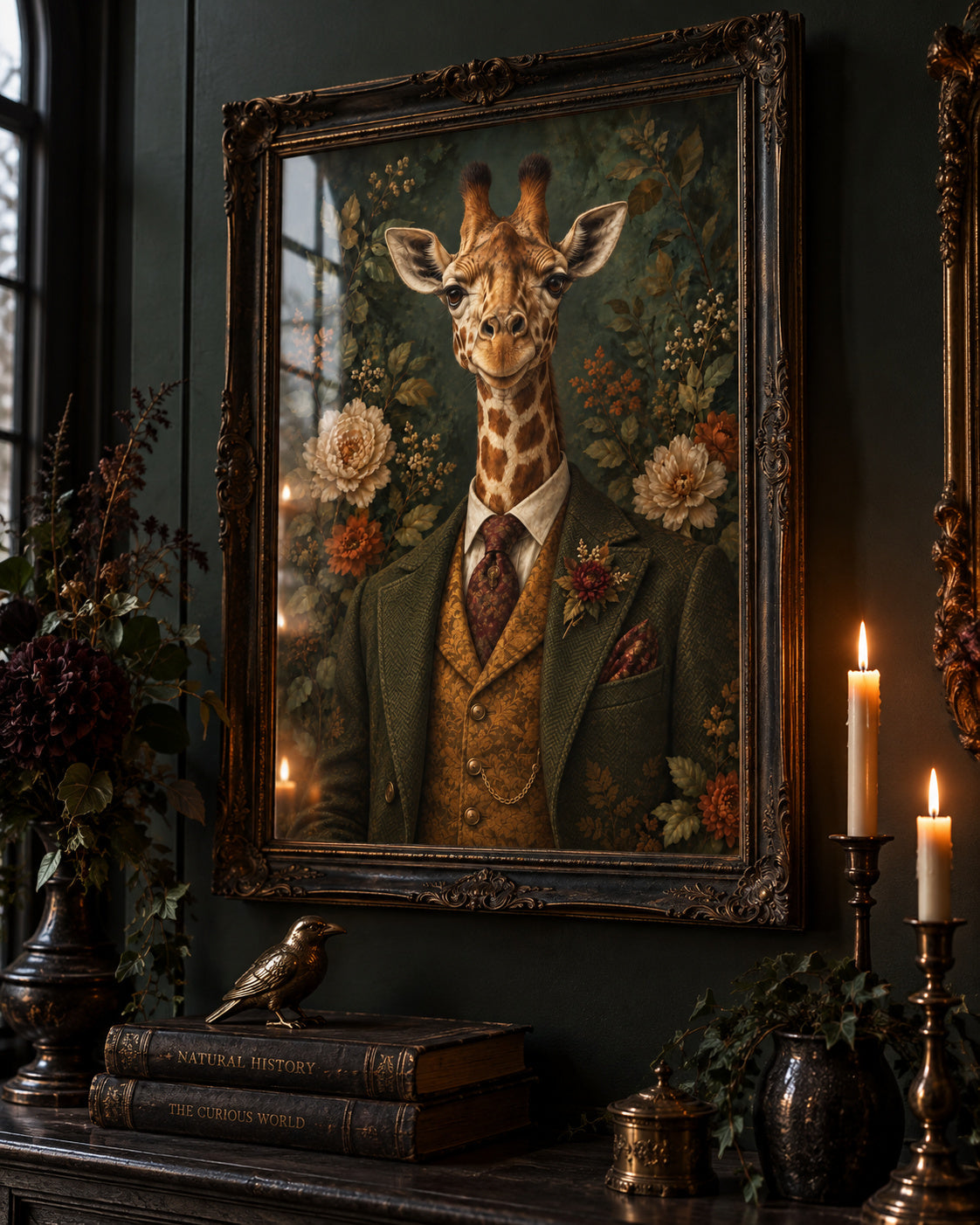 High Society vintage botanical giraffe print in an ornate frame on a dark wall, with glass reflections. Frame not included.