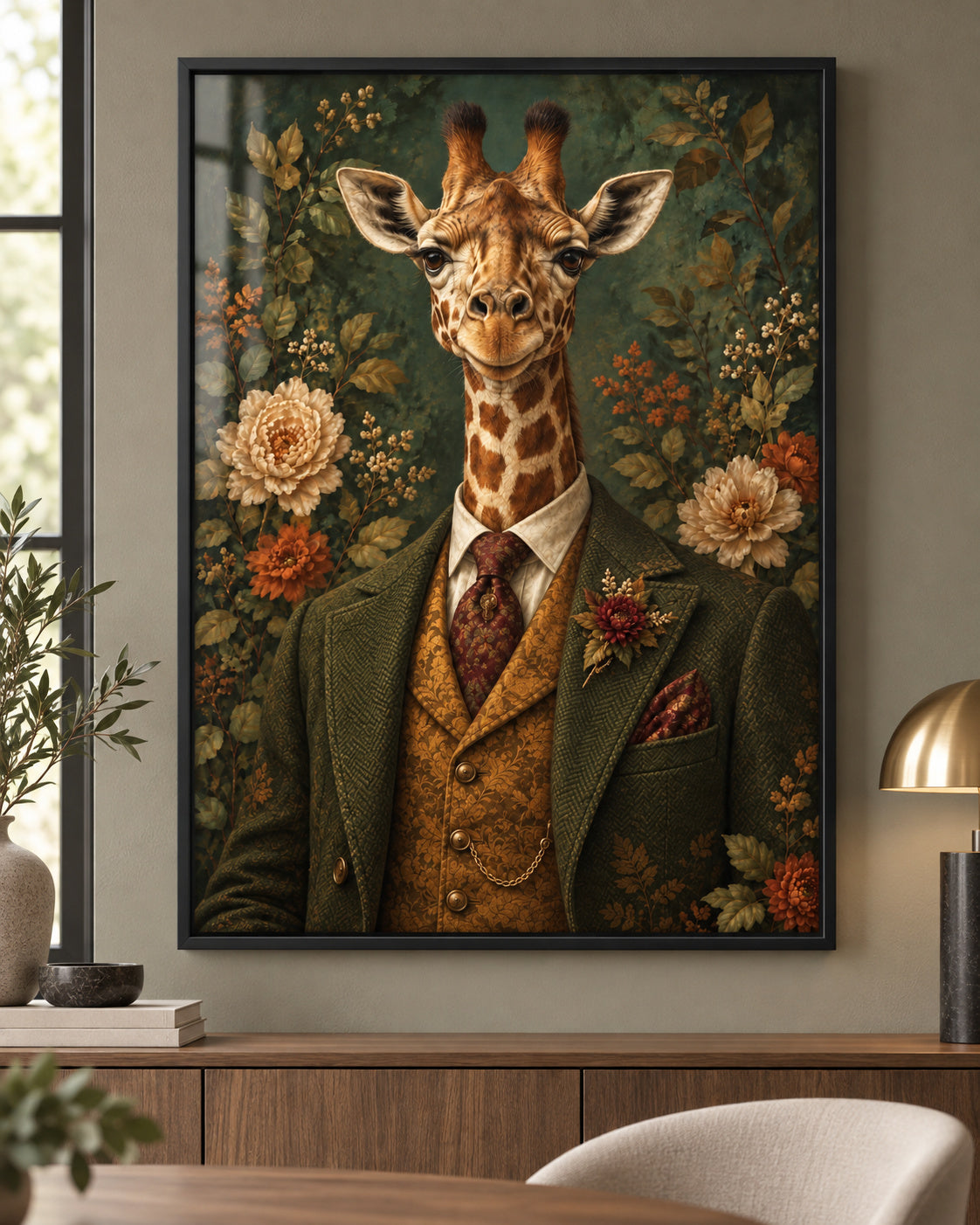 High Society giraffe art print in a modern black frame above a wooden sideboard. Frame not included.
