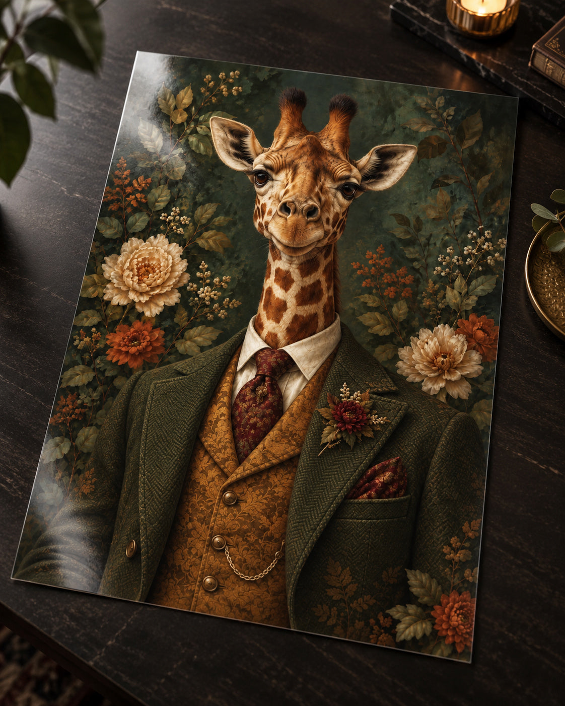 High Society giraffe in an olive jacket and mustard waistcoat, shown as an unframed glossy print on a dark table.