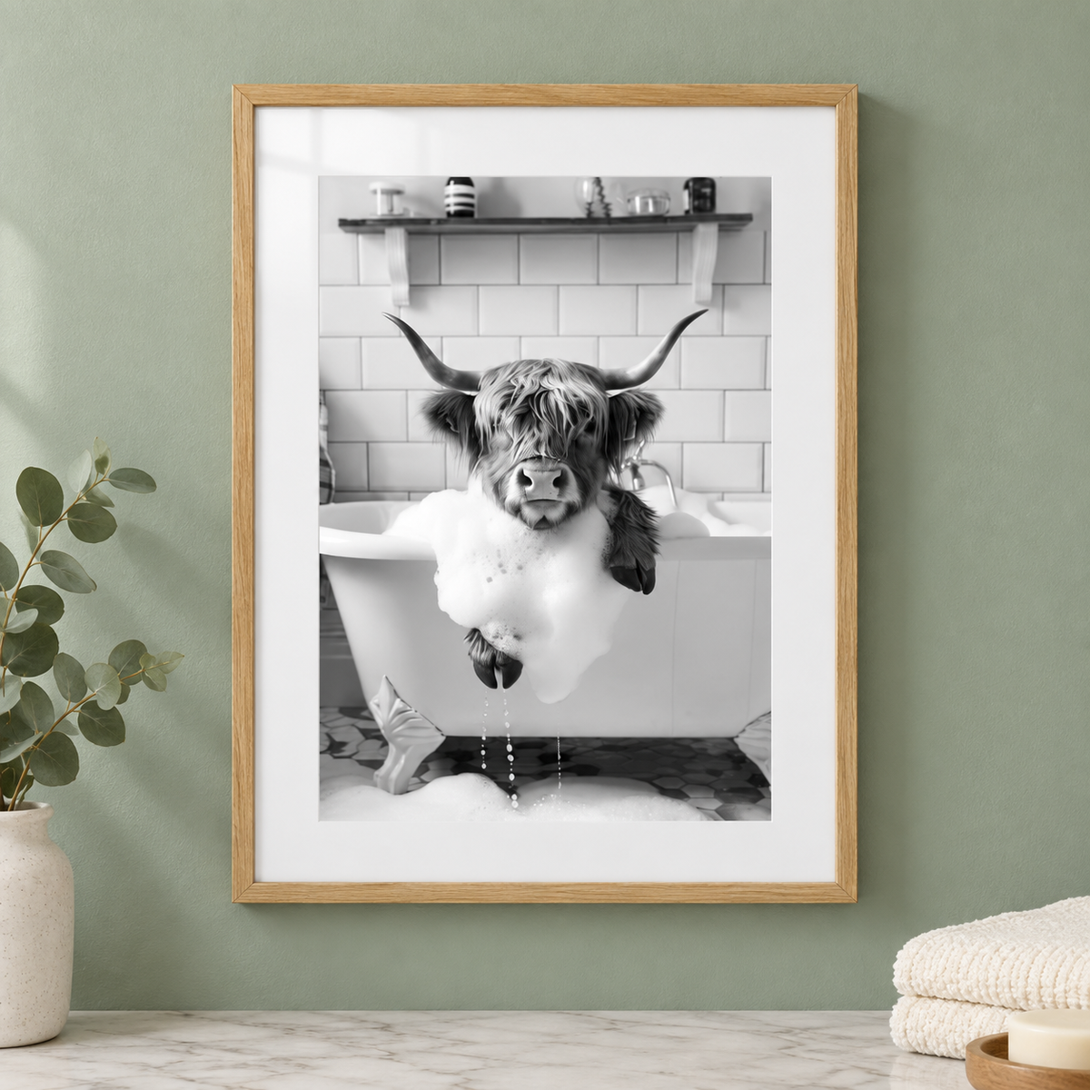 Highland Cow Bathtub bathroom print close-up framed mockup