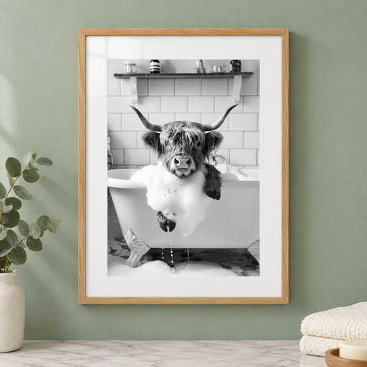 Highland Cow Bathtub bathroom print close-up framed mockup