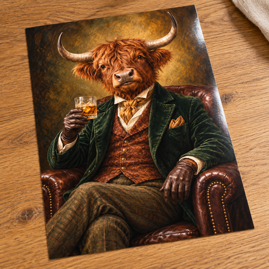 Highland Spirits unframed glossy print on an oak table
