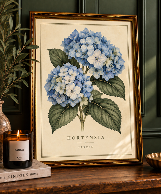 Hortensia blue hydrangea botanical print in ornate gold frame