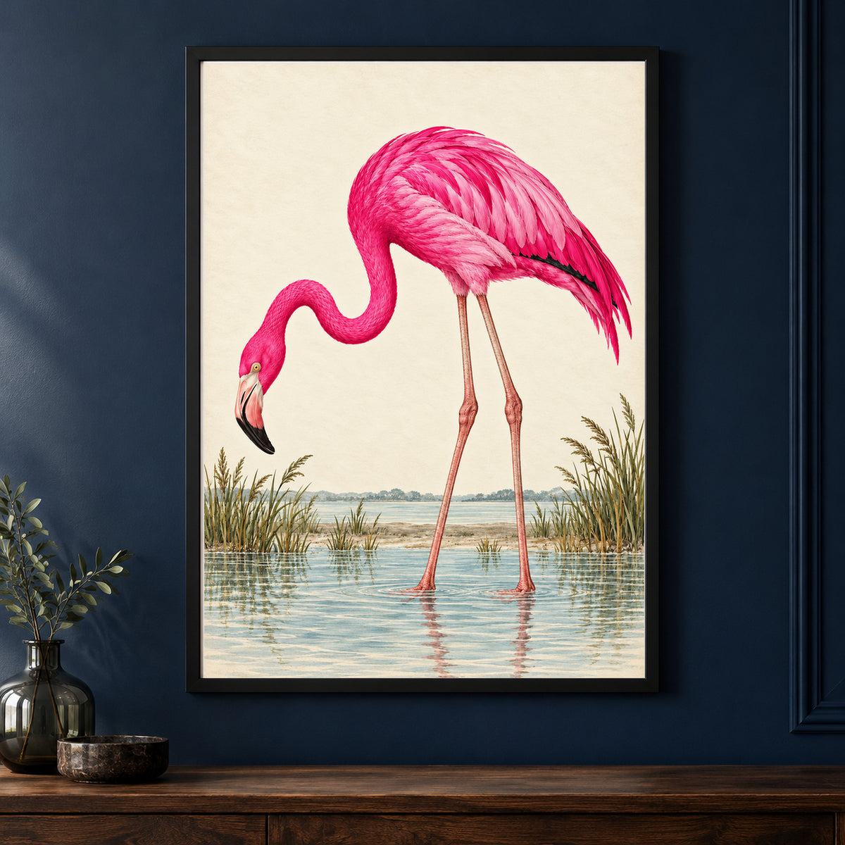 Hot Pink Flamingo – Vintage Bird Print framed on a dark wall
