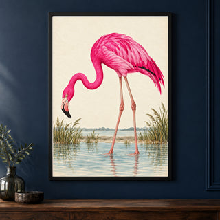 Hot Pink Flamingo – Vintage Bird Print framed on a dark wall