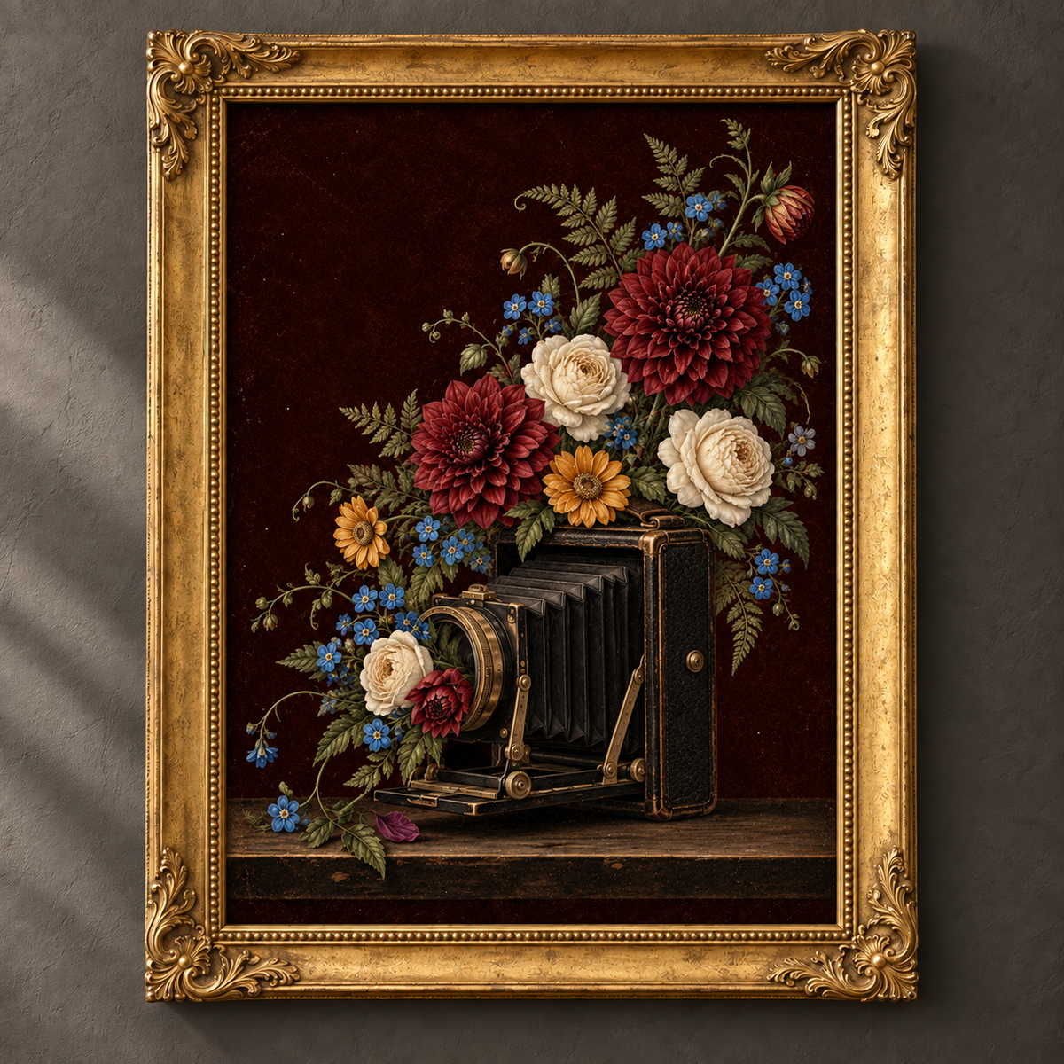 In Full Focus botanical art print in an ornate vintage gold frame
