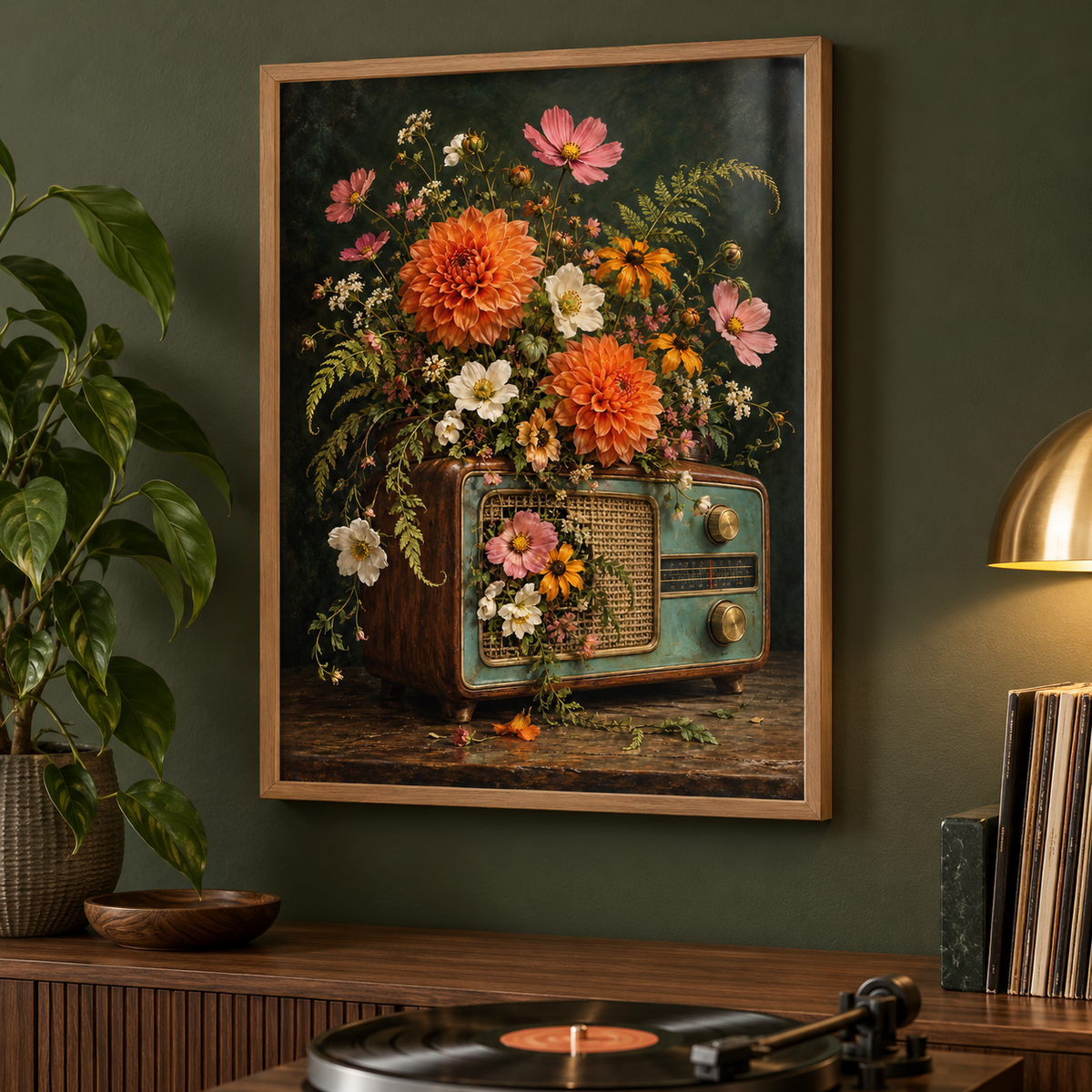 In Full Frequency – Vintage Radio Floral Print — modern framed lifestyle mockup; frame not included