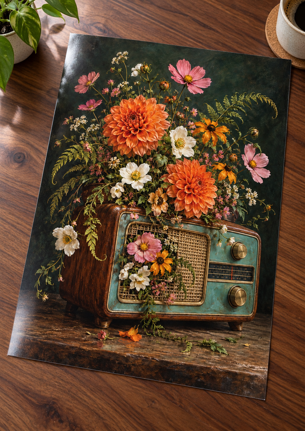 In Full Frequency – Vintage Radio Floral Print — unframed glossy print on a wooden table