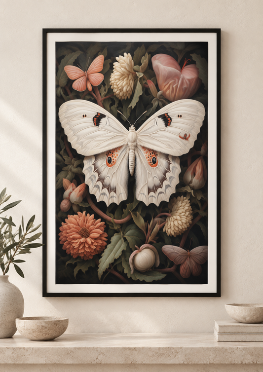 Ivory Moth Botanical art print in a slim black frame