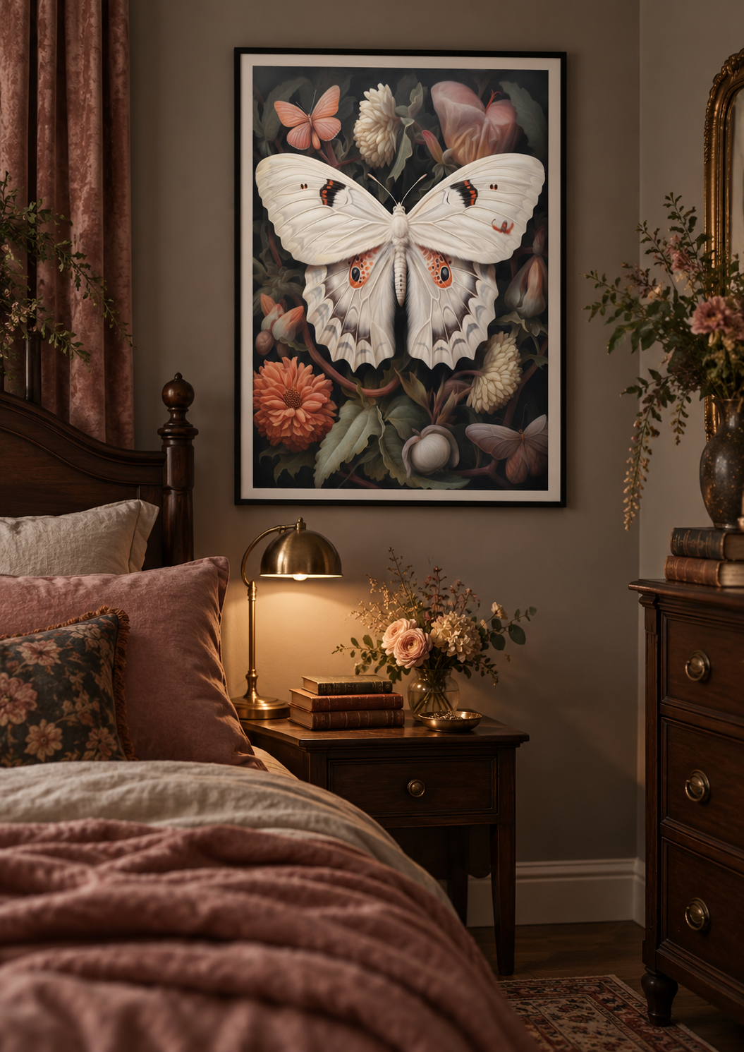 Ivory Moth Botanical art print in a romantic dark-academia bedroom