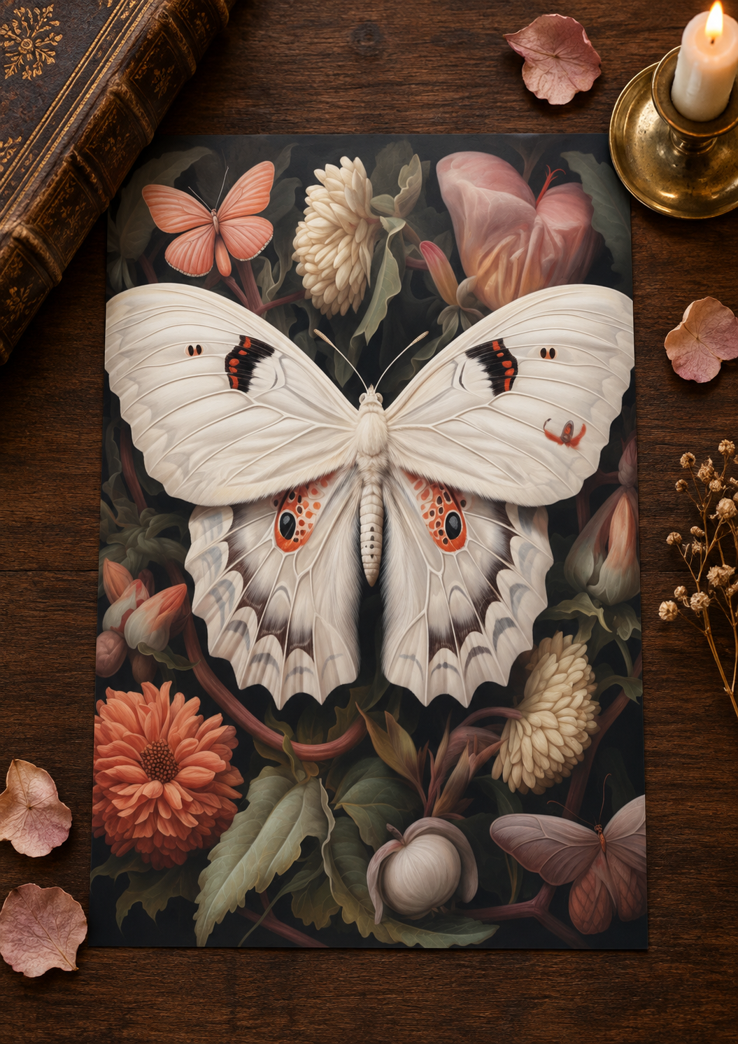 Borderless Ivory Moth Botanical art print laid on a dark wood surface