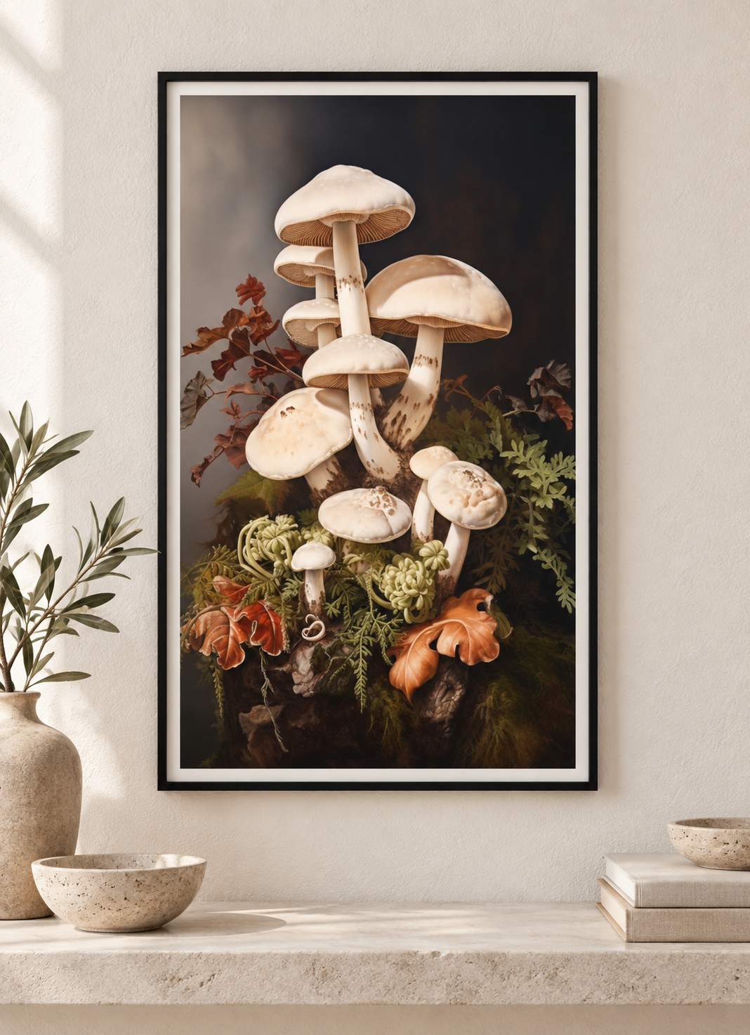 Ivory Woodland Mushrooms art print in a slim black frame