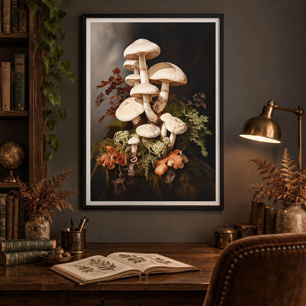 Ivory Woodland Mushrooms art print in an earthy woodland study
