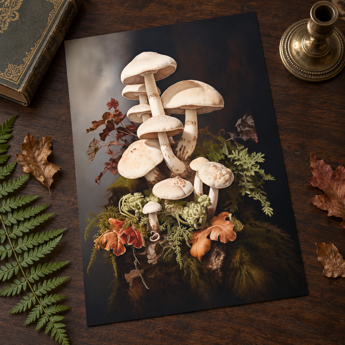 Borderless Ivory Woodland Mushrooms art print laid on a dark wood surface