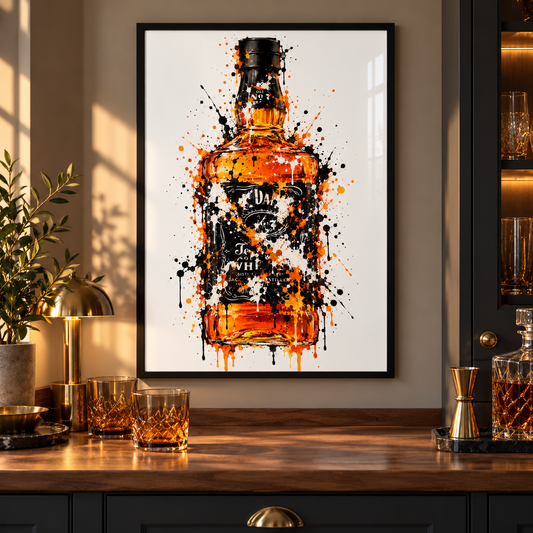 Jack Daniels splatter print framed on a kitchen wall
