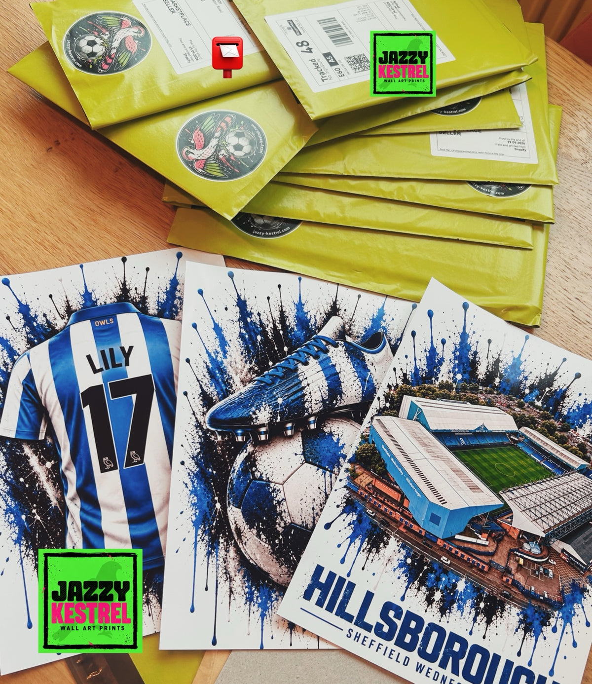 Personalised football prints beside packed orders