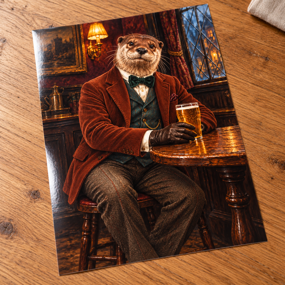Just One Otter unframed glossy print on an oak table