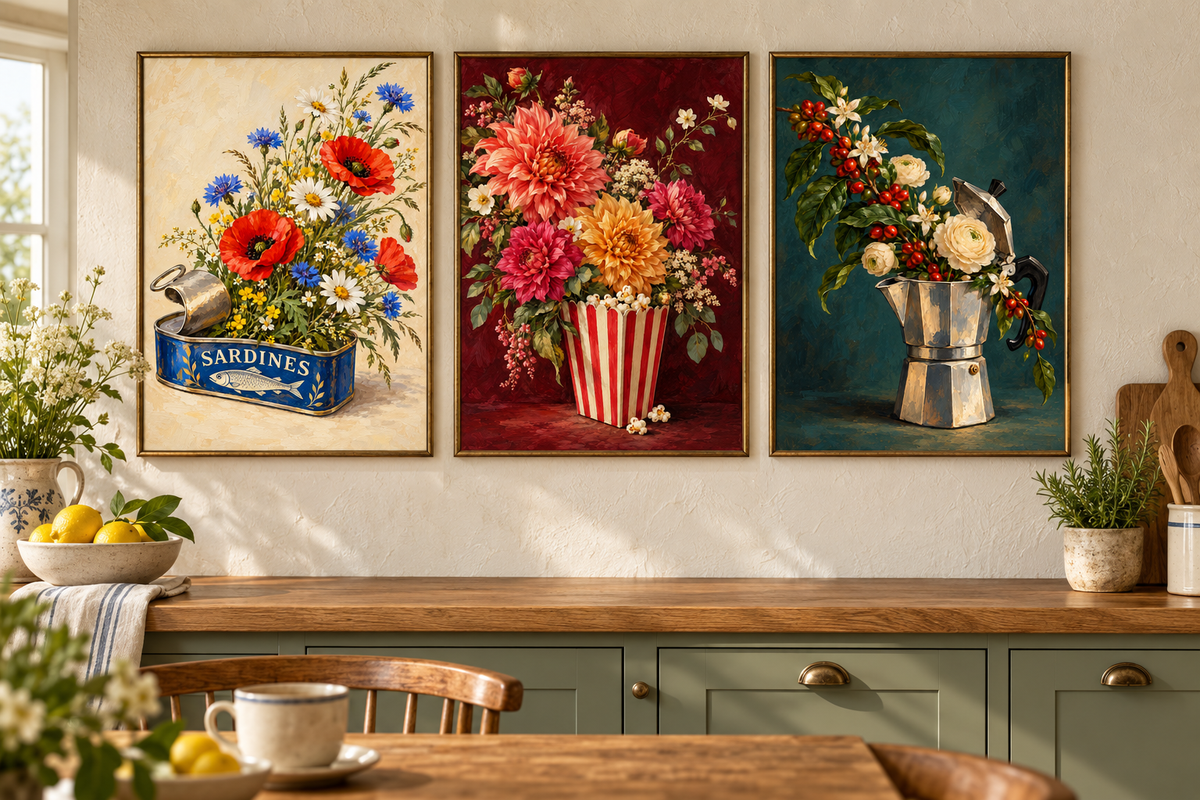 Kitchen in Bloom set of three prints: sardine tin wildflowers, popcorn dahlias and botanical moka pot, shown framed in a kitchen. Frames not included.