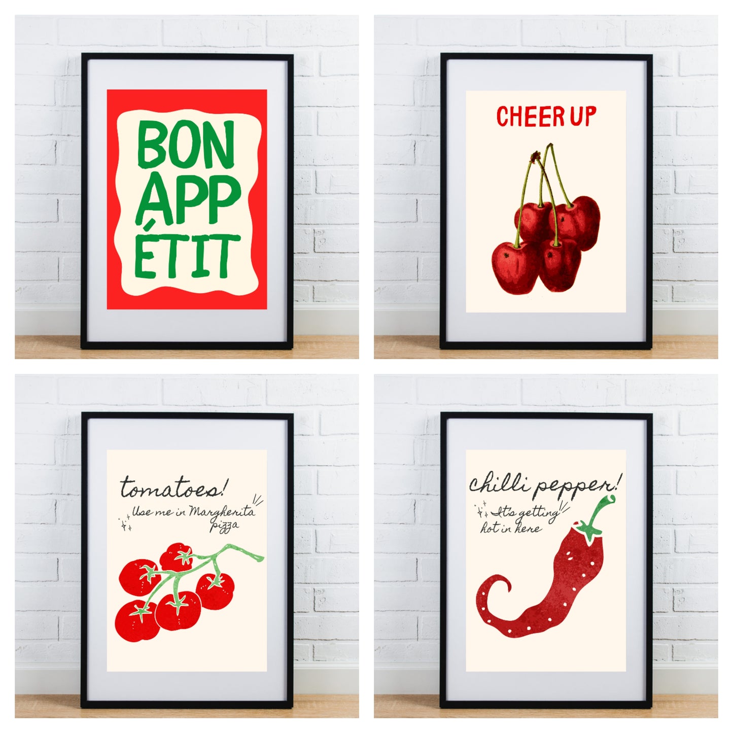 Set of 4 glossy Kitchen prints Red set 1