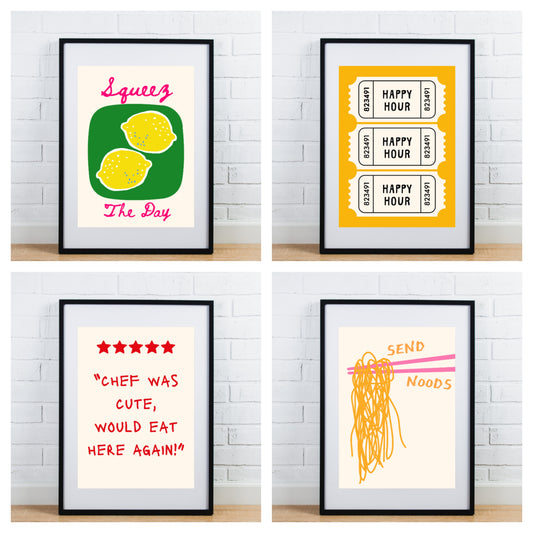 Set of 4 glossy Kitchen prints mix lemon noodles