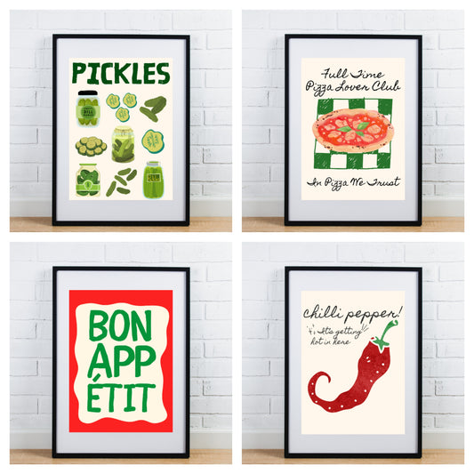 Set of 4 glossy Kitchen prints mix red green
