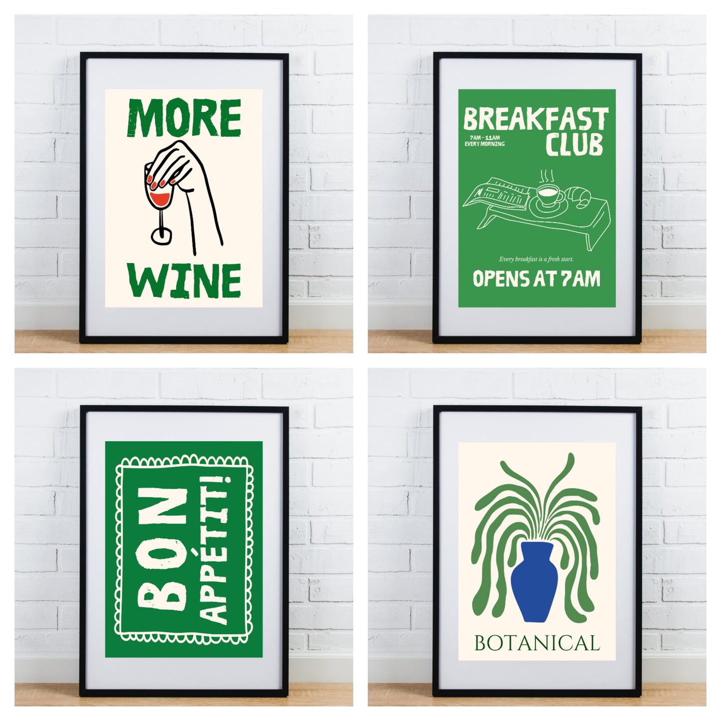 Set of 4 glossy Kitchen prints Green mix