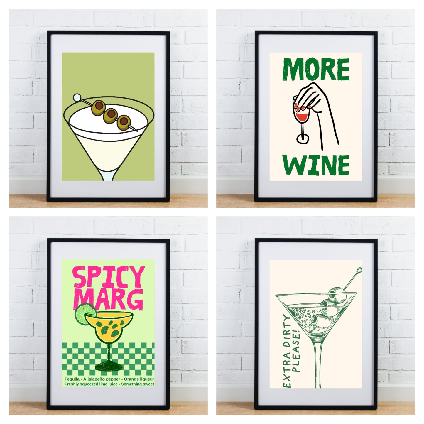 Set of 4 glossy Kitchen prints Cocktail drinks