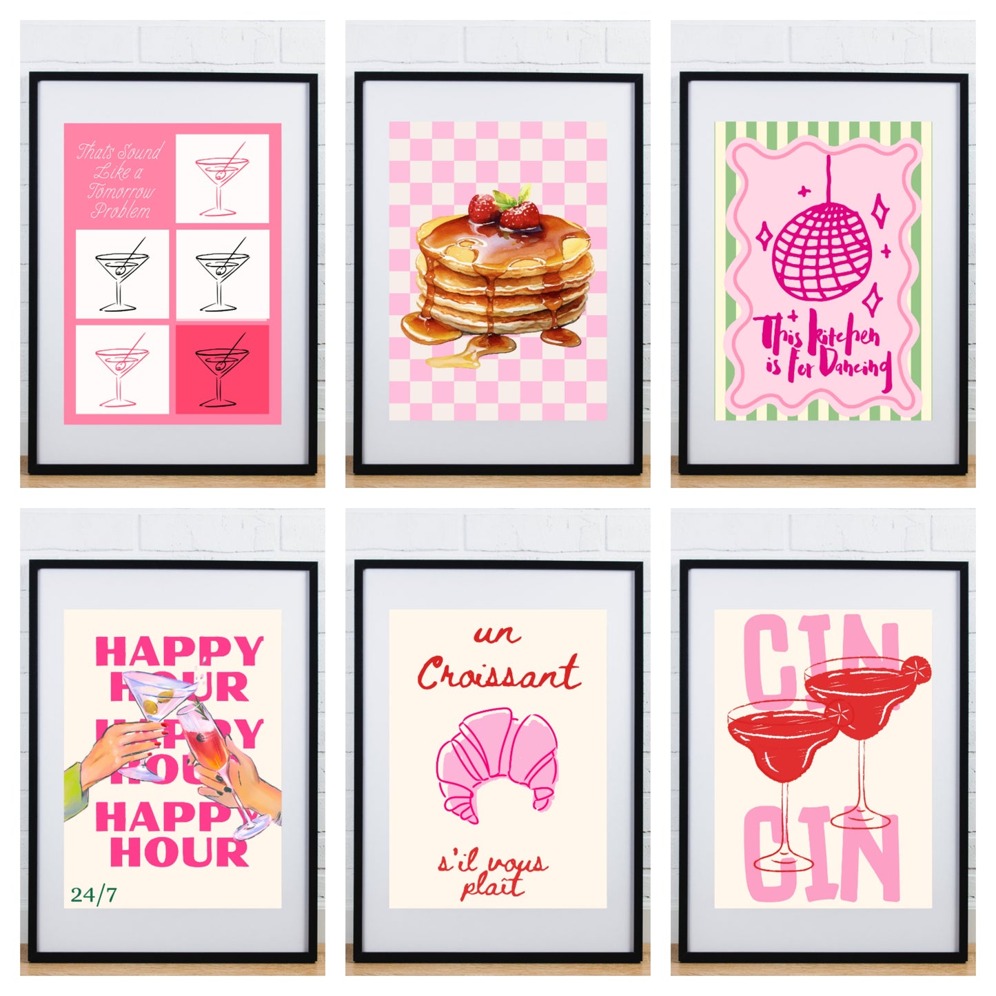 Set of 6 glossy Kitchen prints Pink mix