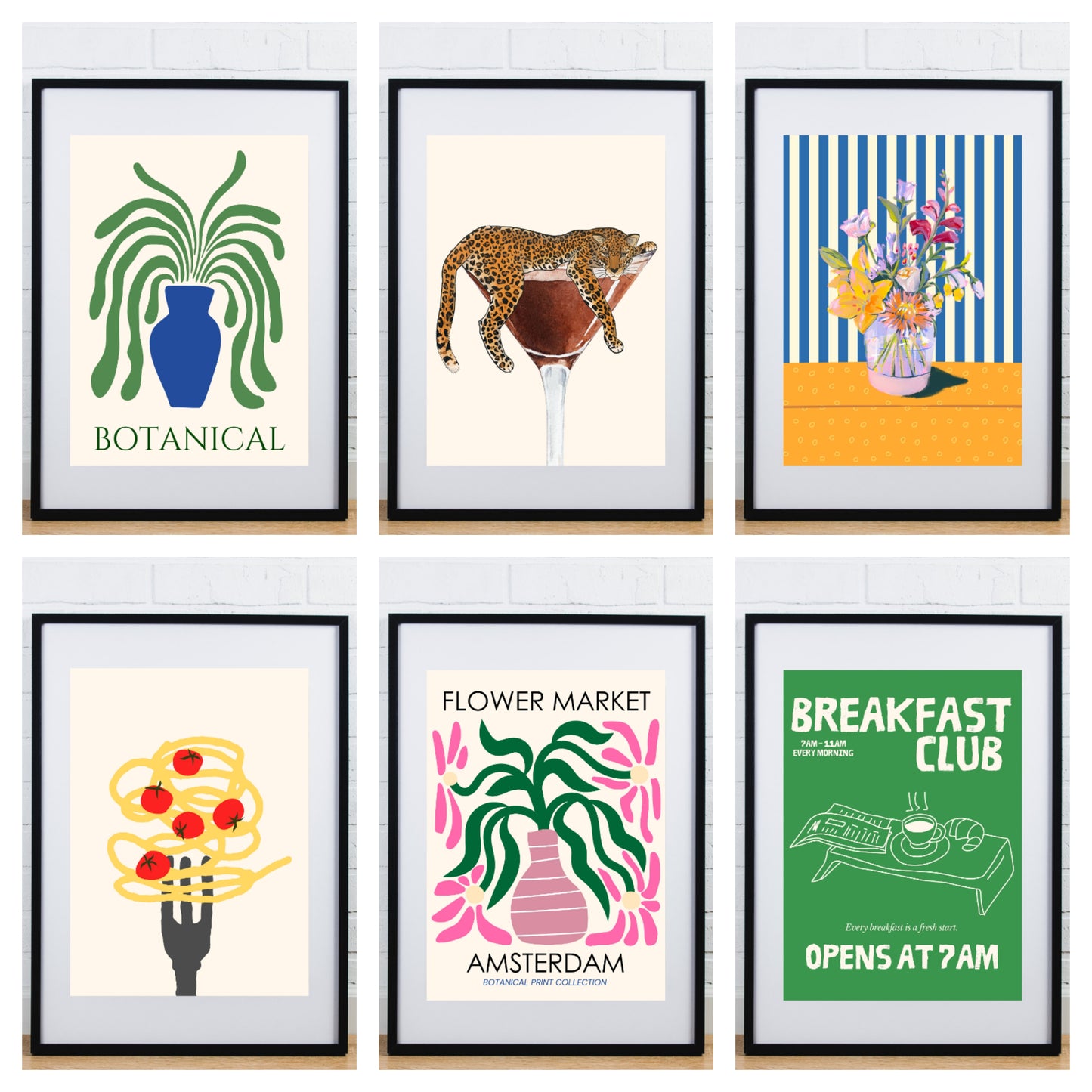 Set of 6 glossy Kitchen prints eclectic mix