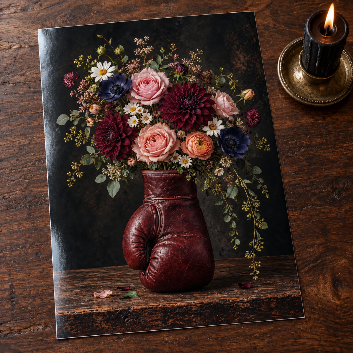Knockout Blooms — unframed glossy photo card on a wooden table beside a gothic candle