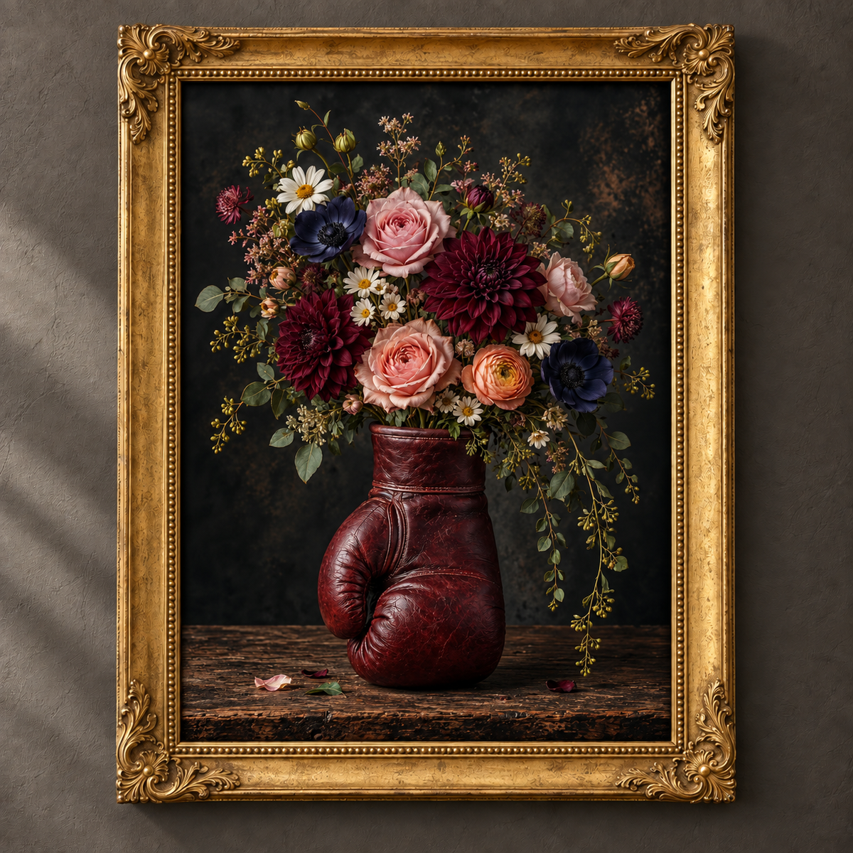 Knockout Blooms botanical art print in an ornate vintage gold frame